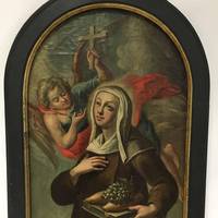 GE4018 Tafelgemälde  einer  Ordensschwester (oder  Heilige)   mit  Bibel, Brot  und   Weintrauben