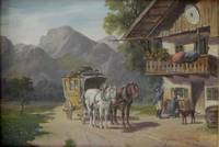 GE4018 Ludwig  Müller - Cornelius, Zweispänner - Postkutsche  vor einem alpenländischen  BAuernhaus