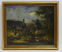 GE4068 Unbekannter  Künstler  um 1830/40, Romantische  Hirtenszene  vor  idyllischem   Bauernhaus  in  Waldlandschaft