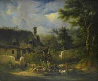 GE4068 Unbekannter  Künstler  um 1830/40, Romantische  Hirtenszene  vor  idyllischem   Bauernhaus  in  Waldlandschaft