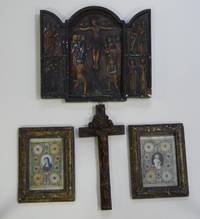 VE6014 Vier  Teile  Religiosa:  Zwei  Miniatur -  Klosterarbeiten  /  Triptychon  Kreuzigung  Christi  /  Reliquien - Kreuz