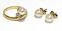 SU7001 Goldring  mit   Perle  und  Paar   Ohrsteckern