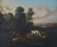 GE4034 Nicolaes  Berchem  (attr.), Romantische  Ideallandschaft  mit  Viehherde  an  Bachlauf