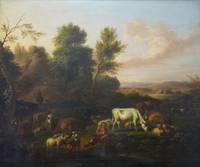 GE4034 Nicolaes  Berchem  (attr.), Romantische  Ideallandschaft  mit  Viehherde  an  Bachlauf