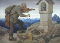 GE4027 Thomas  Walch -  Imst,  Violinenspieler  vor  einem  Bildstock   im   Gebirge