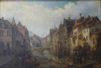 GE4032 Peter  Joseph  Minjon, Blick  auf  Altstadthäuser  und  Kanal  in  Huy  an  der  Maas  in  Belgien