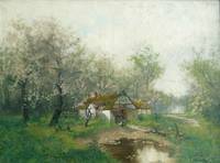 GE4103 Alois  Arnegger, Frühlingslandschaft  mit Bauernhaus  und  Teich