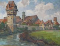 GE4033 Rudolf  Warnecke, Blick  auf  Dinkelsbühl  mit Stadtmauer  und  Wassergraben