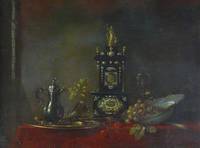 GE4094 Erzsébet  Csurgo, Tisch - Stilleben  mit  Uhr,  Früchten  und   Trinkutensilien