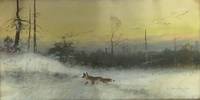 GE4014 Julius  Holzmüller, Schnürender  Fuchs  in  tief  verschneiter  Winterlandschaft