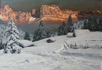 GE4005 Alois  Arnegger, Alpenglühen  in  tief  verschneiter   Winterlandschaft  (Der  Rosengarten  in  den  Dolomiten)