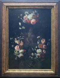 GE4004 Jan  Philip  van  Thielen, Prachtvolles   Blumenstilleben  mit  Christus  als  Salvator   Mundi  in   Blütenkranz