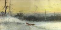 GE4014 Julius  Holzmüller, Schnürender  Fuchs  in  tief  verschneiter  Winterlandschaft